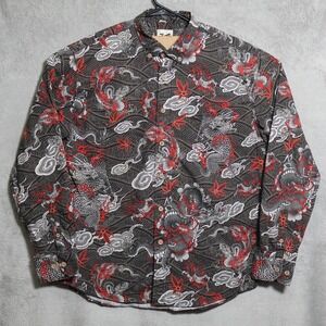 Yiume Shirt Mens Large Gray Dragon Print Button Up Long Sleeve Cotton Graphic